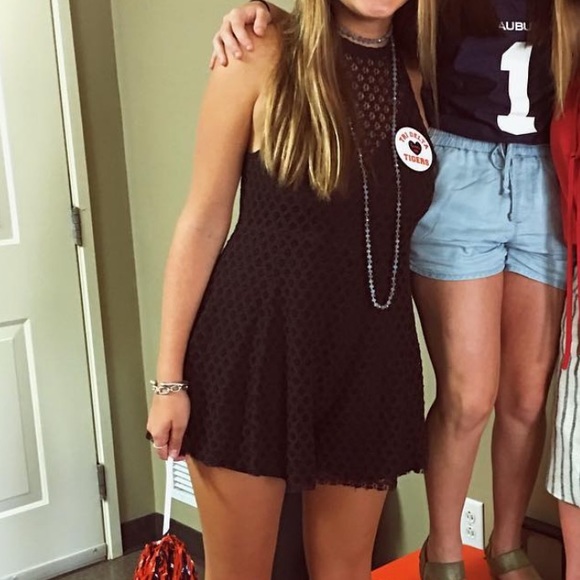 UO Silence + Noise Black/Dark Brown Crotchet Mesh Knit Halter Romper - Picture 8 of 8